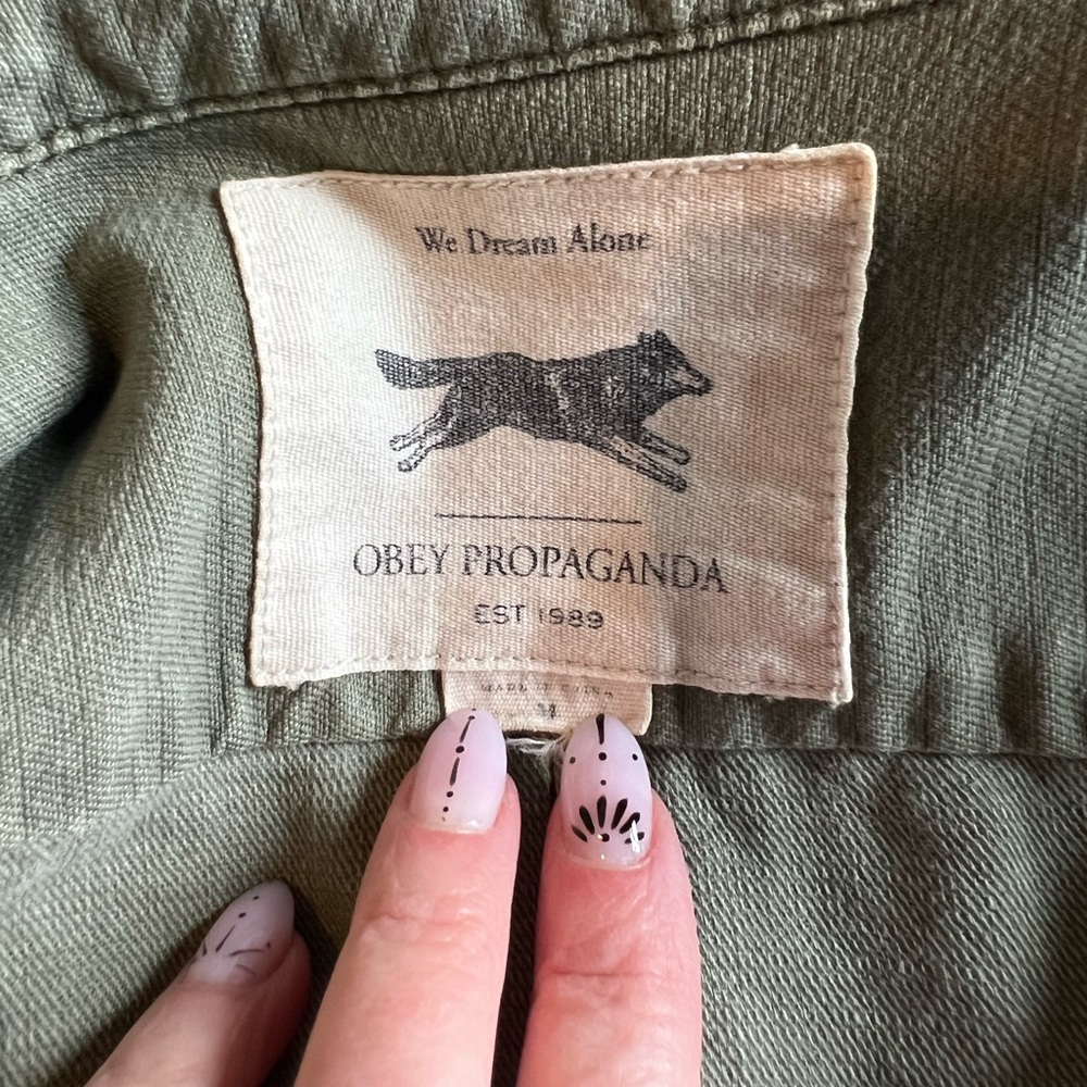Obey Propaganda Utility Shirt Jacket Olive Green Button Front Military Style - Picture 13 of 14